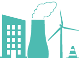 illustration avec un bâtiment, une éolienne et un plot